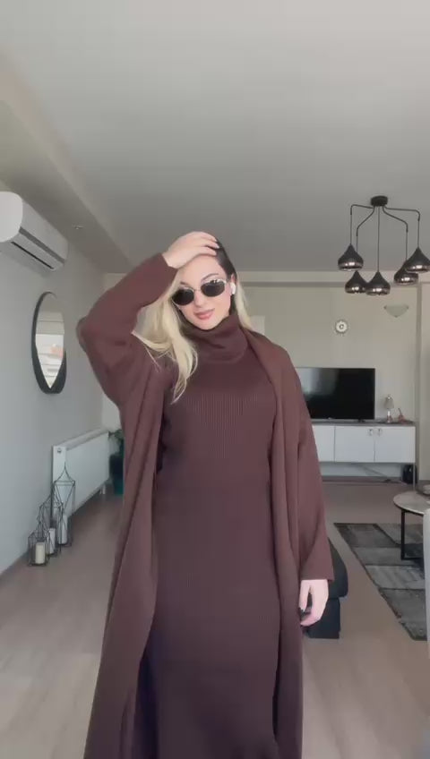 KAHVERENGİ ELBİSE&HIRKA TAKIM